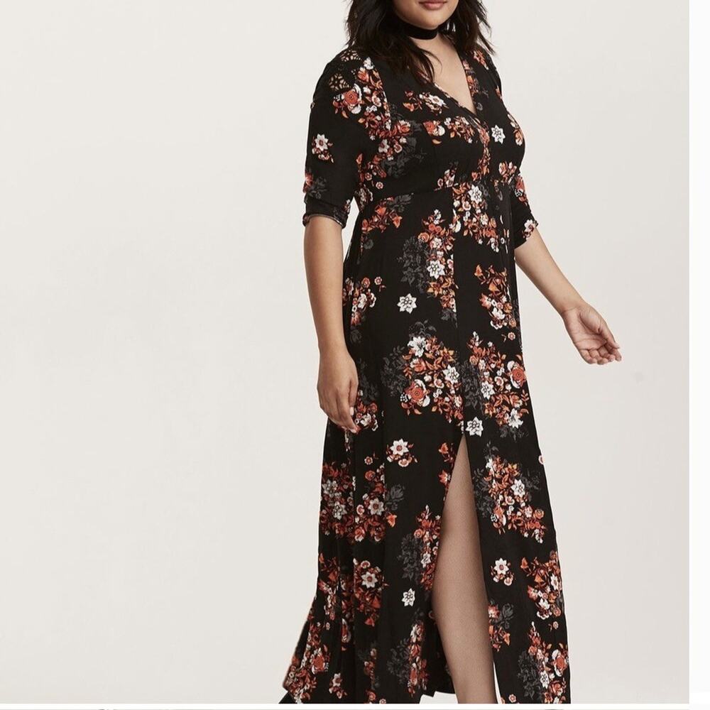 Torrid Fall Floral Challis Maxi Dress Lace Inset Sleeves Plus Size 2X